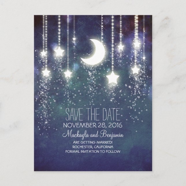 string lights moon stars romantic save the date announcement postcard (Front)