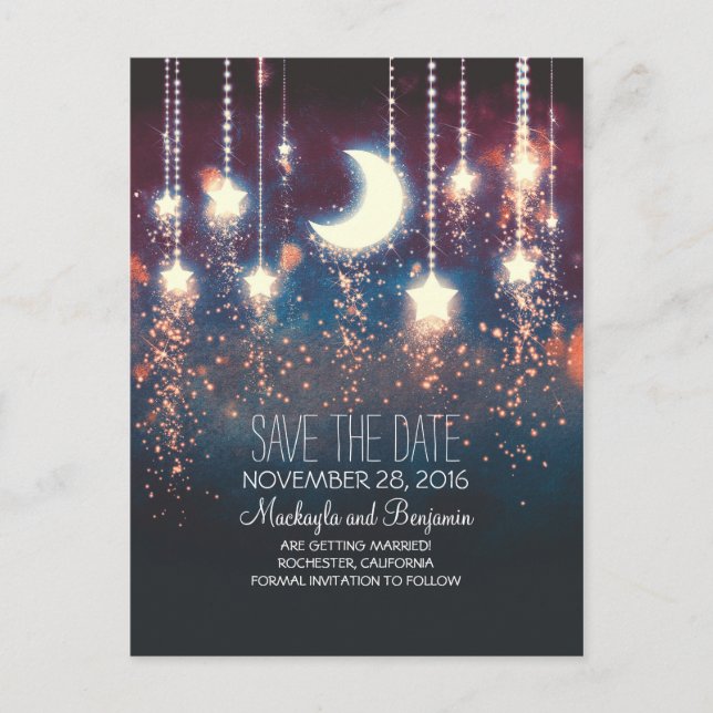 string lights moon stars romantic save the date announcement postcard (Front)