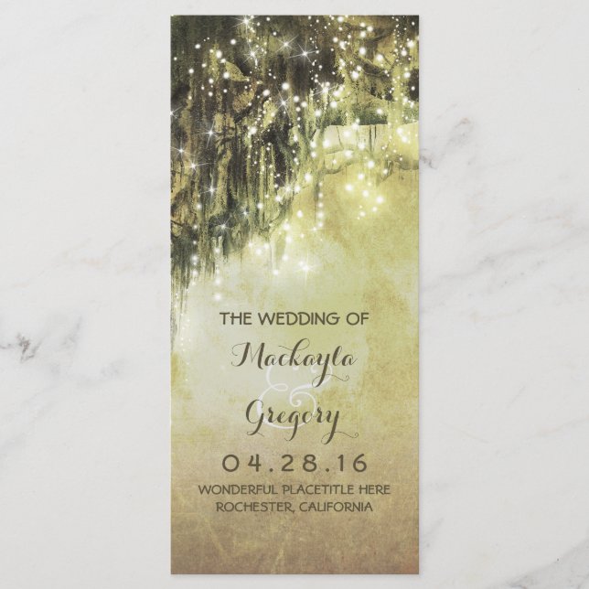String Lights Moss Tree Branches Wedding Programs (Front)