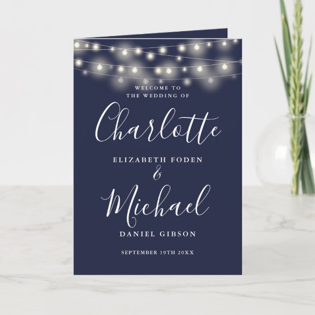 String Lights Navy Blue Elegant Script Wedding Program (Front)