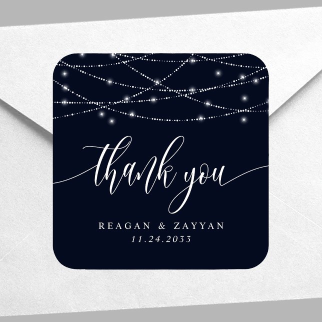 String Lights Navy Blue Elegant Wedding Thank You Square Sticker (Creator Uploaded)