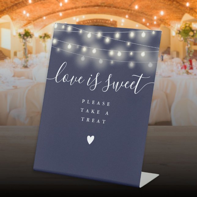 String Lights Navy Blue Love Is Sweet Favour  Pedestal Sign (String Lights Navy Blue Love Is Sweet Favor Pedestal Sign)