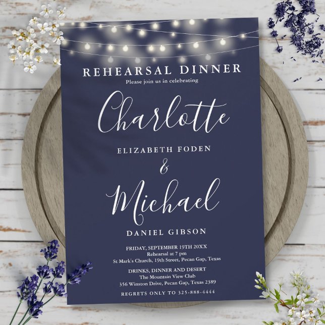 String Lights Navy Blue Script Rehearsal Dinner Invitation (String Lights Navy Blue Script Rehearsal Dinner Invitation)