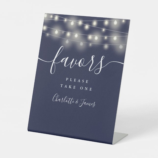 String Lights Navy Blue Wedding Favours Table Pedestal Sign (Front)