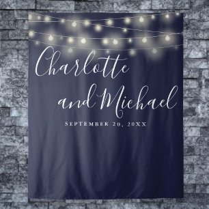 String Lights Navy Blue Wedding Photo Backdrop Tapestry
