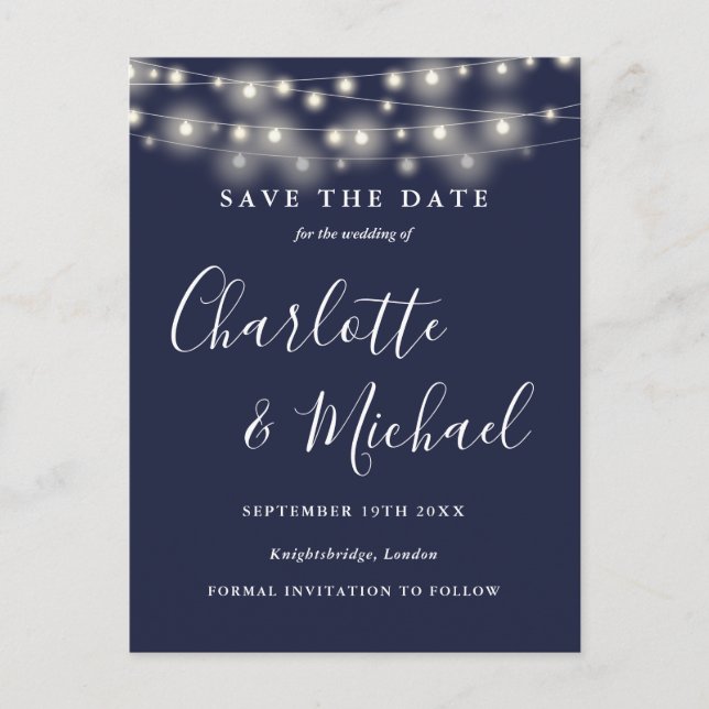 String Lights Navy Blue Wedding Save the Date Postcard (Front)