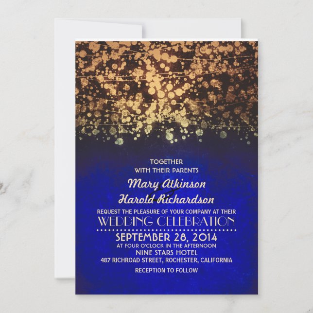 string lights navy & gold vintage glitter wedding invitation (Front)