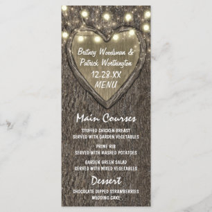String Lights + Oak Tree Bark Wedding Menu Cards