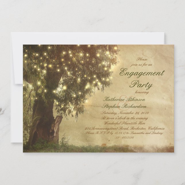 String lights old tree rustic engagement party invitation (Front)