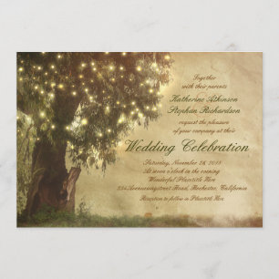 String lights old tree rustic wedding invitation