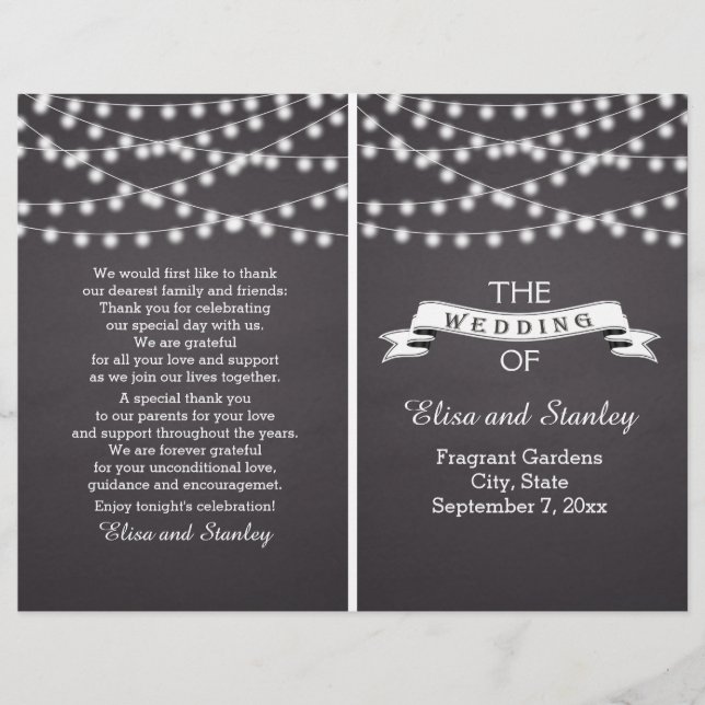 String lights on chalkboard folded wedding program (Front)