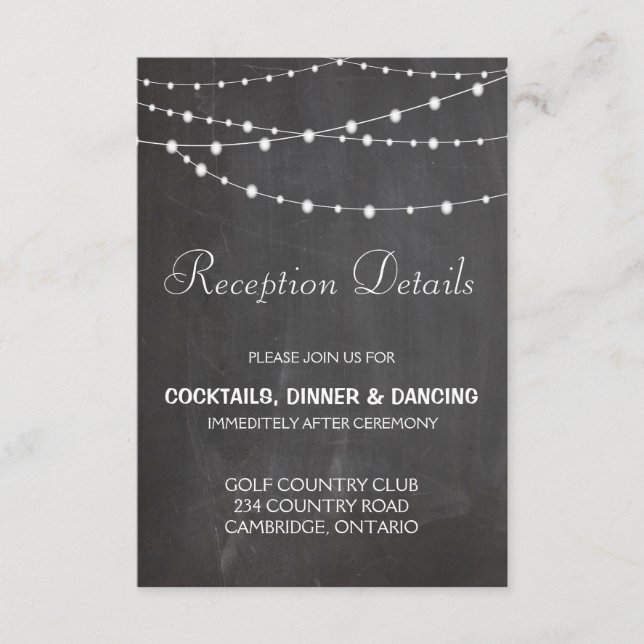 String lights on chalkboard wedding reception card (Front)