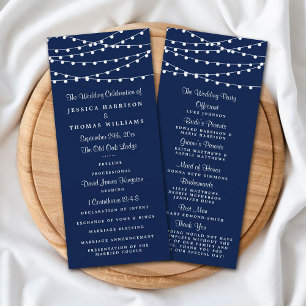 String Lights On Navy Blue Wedding Program Rack Card