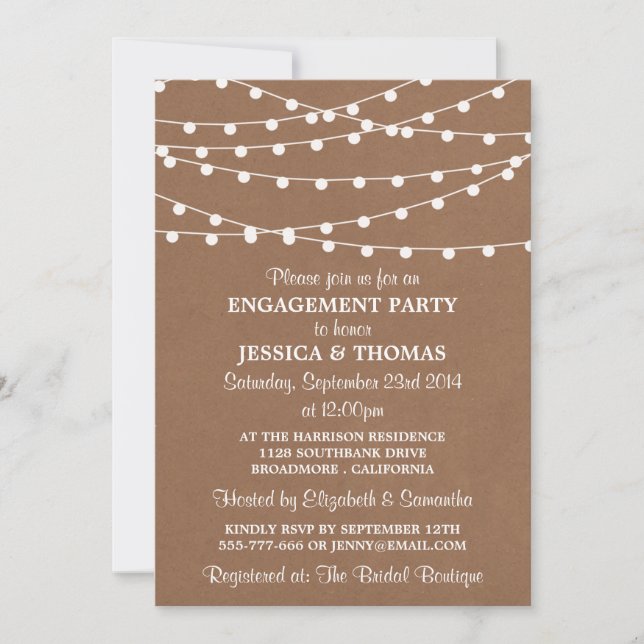 String Lights On Rustic Kraft Engagement Invitation (Front)