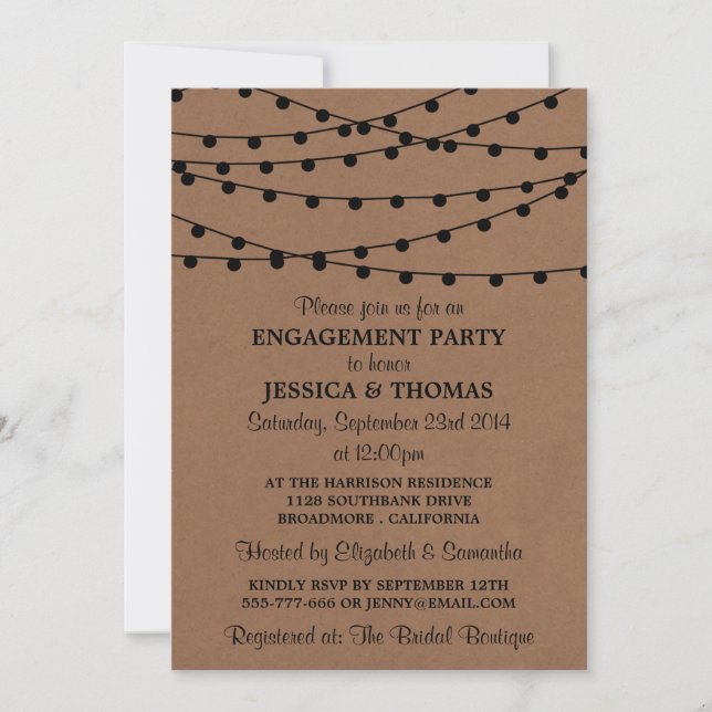 String Lights On Rustic Kraft Engagement Party Invitation (Front)