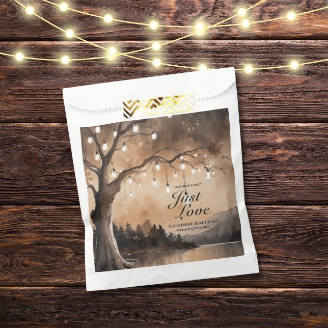String Lights On Tree Romantic Country Wedding  Favour Bag (Flat lay barn wood fairy lights enchanted woodland forest light bulbs autumn fall leaves favor bag)