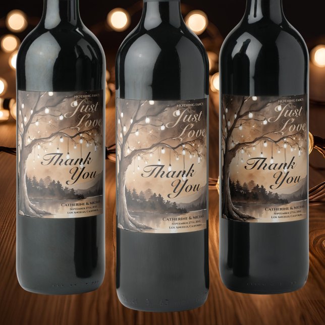 String Lights On Tree Romantic Country Wedding Wine Label (Creator Uploaded)