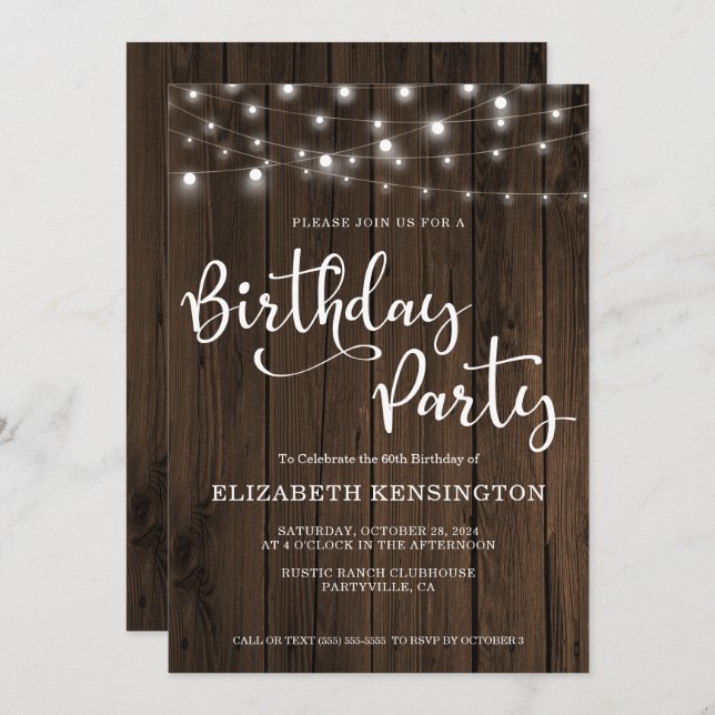String Lights on Wood 60th Birthday Party Invitation (Front/Back)