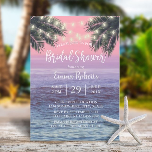 String Lights & Palm Tree Beach Bridal Shower Invitation (Creator Uploaded)