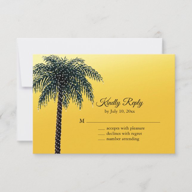 String Lights Palm Tree Golden RSVP Card (Front)