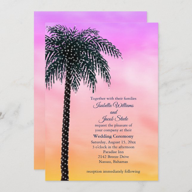 String Lights Palm Tree Sunrise Wedding Invitation (Front/Back)