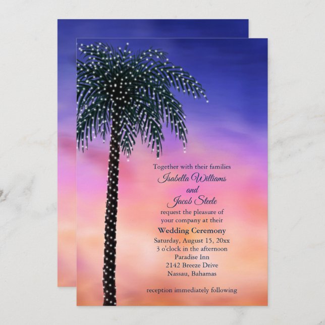 String Lights Palm Tree Sunset Wedding Invitation (Front/Back)