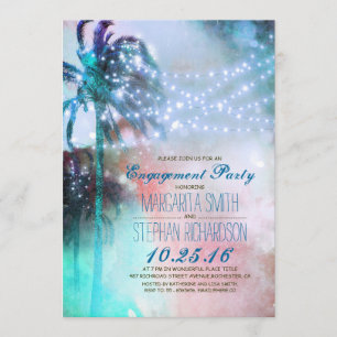 string lights palm trees beach engagement party invitation