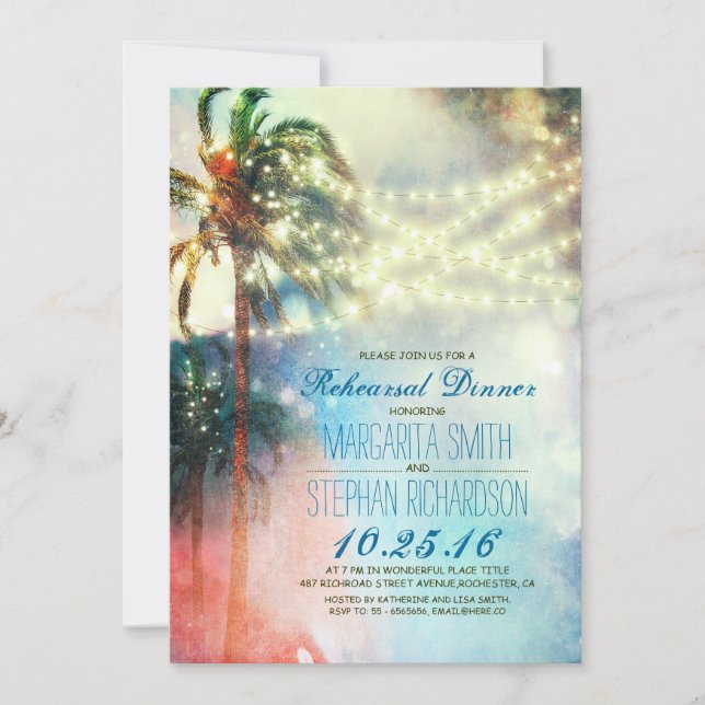 string lights palm trees beach rehearsal dinner invitation (Front)