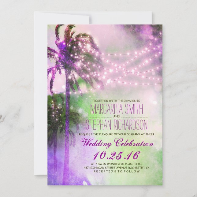string lights palm trees beach wedding invite (Front)