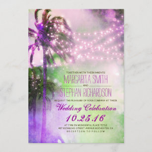 string lights palm trees beach wedding invite