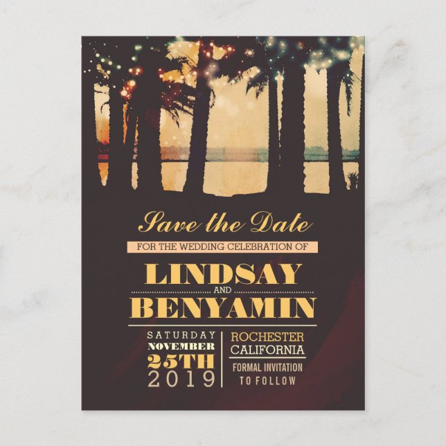 String lights palms beach save the date postcard (Front)