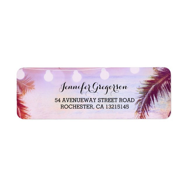 String Lights Palms Beach Sunset Return Wedding Address Label (Front)