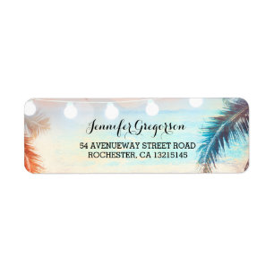 String Lights Palms Beach Sunset Return Wedding Address Label