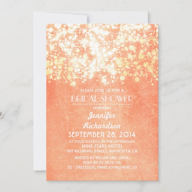 string lights peach and gold bridal shower invitation (Front)