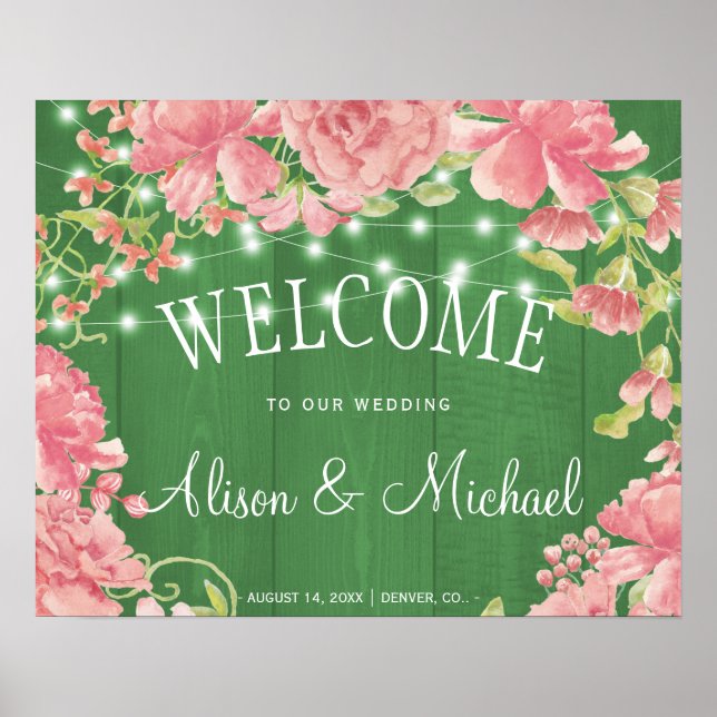 String lights peonies blush wedding welcome sign (Front)