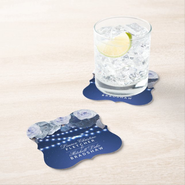 String lights Personalised Blue Elegant Wedding Paper Coaster (Insitu)