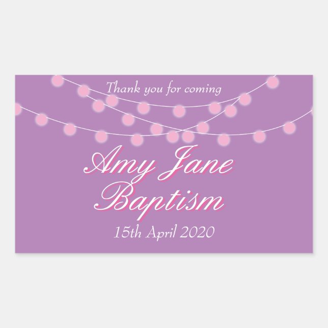 String Lights Pink Baptism Christening Favour Rectangular Sticker (Front)