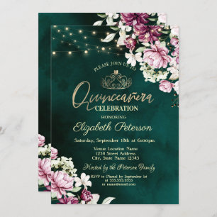 String Lights Pink Flowers Green Quinceañera  Invitation