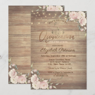 String Lights Pink Flowers Wood Quinceañera Invitation