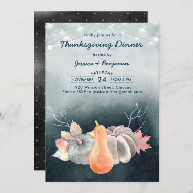 String Lights Pumpkin Harvest Thanksgiving Dinner Invitation (Front/Back)