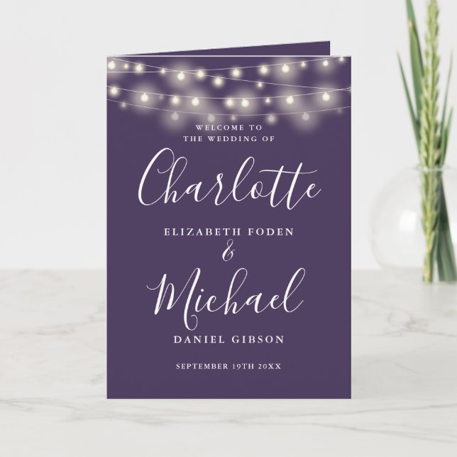 String Lights Purple Elegant Script Wedding Program (Front)
