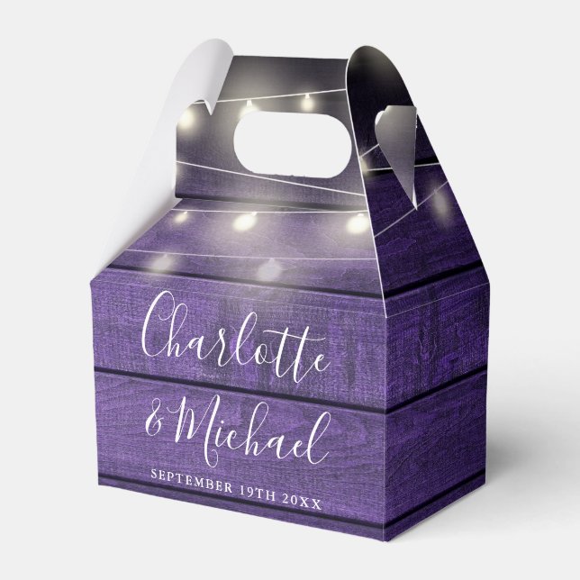 String Lights Purple Rustic Wood Script Wedding Favour Box (Front Side)