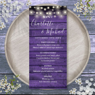 String Lights Purple Rustic Wood Wedding Menu