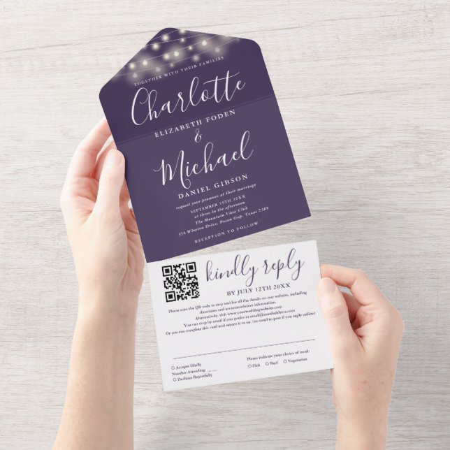String Lights Purple Script QR Code Wedding All In One Invitation (Tearaway)