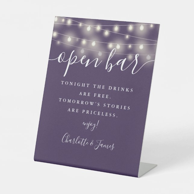 String Lights Purple Signature Script Open Bar Pedestal Sign (Front)