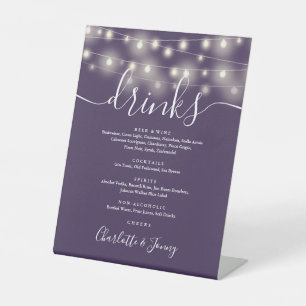 String Lights Purple Wedding Drinks Menu Pedestal Sign