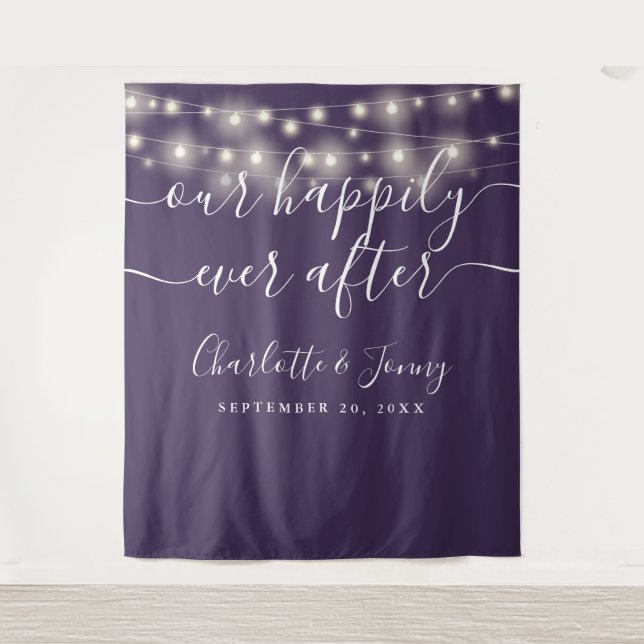 String Lights Purple Wedding Photo Backdrop Tapestry (Front)