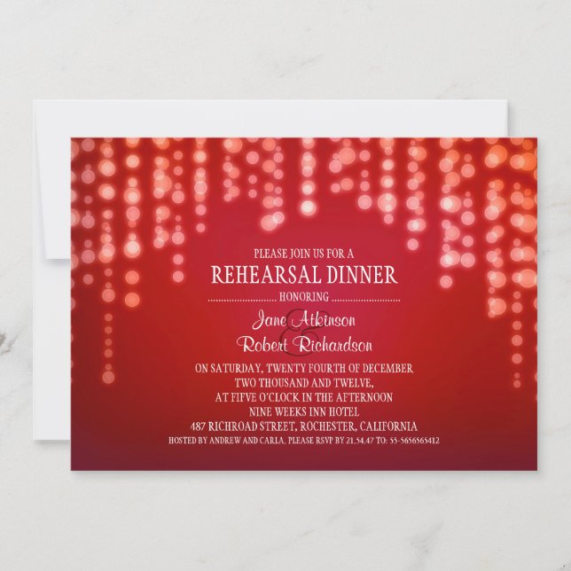 string lights red REHEARSAL DINNER invitation (Front)