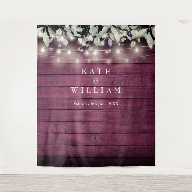 String Lights Red Wood Wedding Photo Backdrop Tapestry (Front)