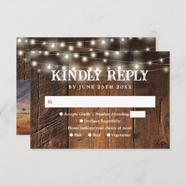 String Lights Rustic Barn Wood Western Wedding RSVP Card (Front/Back)